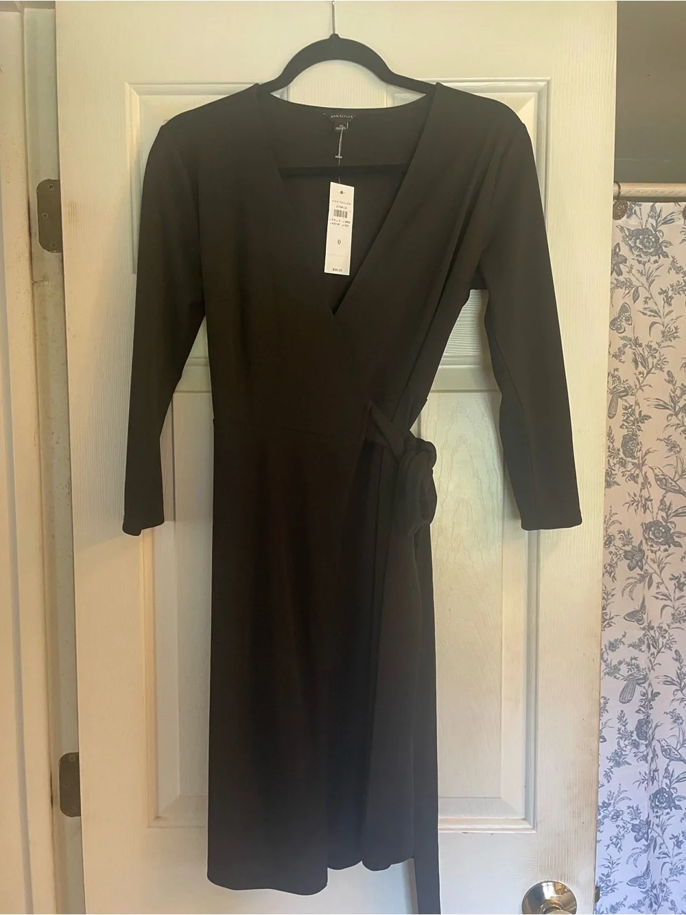 Ann Taylor Black Long-Sleeve Wrap Dress with Tie 3/4 length sleeves